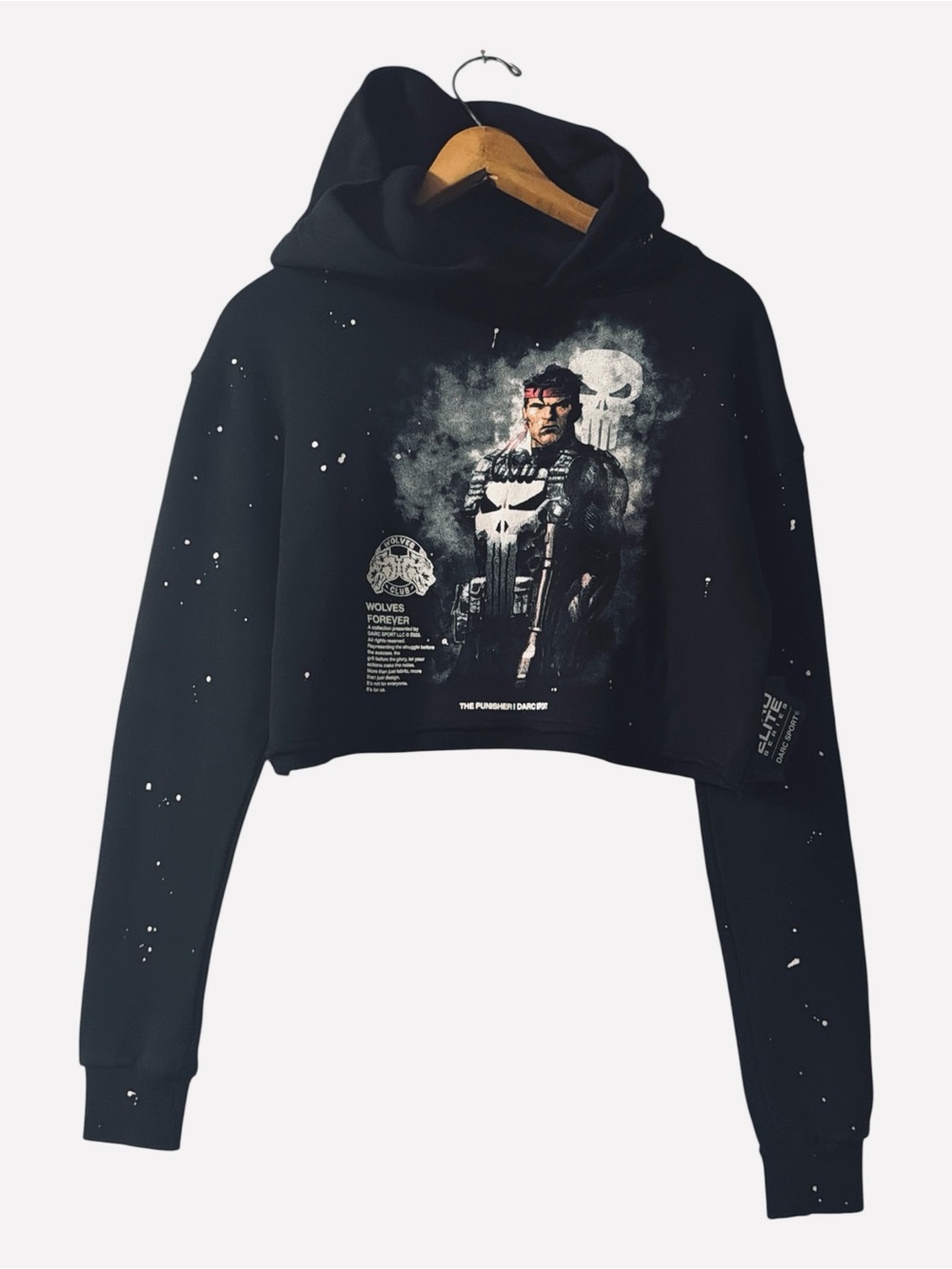 Marvel Punisher Cropped Graphic Hoodie French Terry Black | Darc Sport NWT Small